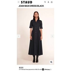 STAUD Joan Maxi Dress Black Button Front Short Sleeve Shirt Dress